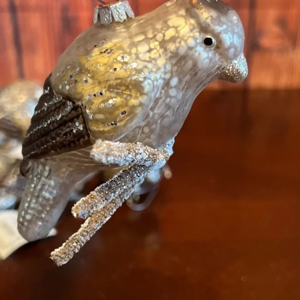 Set Of 3 Glass Bird on brach Christmas Ornaments With Glitter‎ Accents Hanging